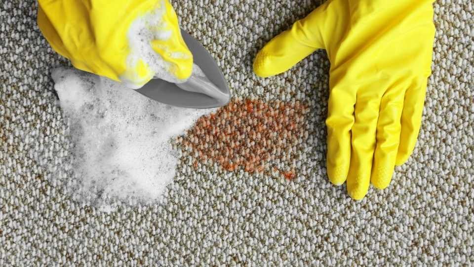 Yellow gloves & brush removing stain from carpet by Carpet Cleaning of Reading